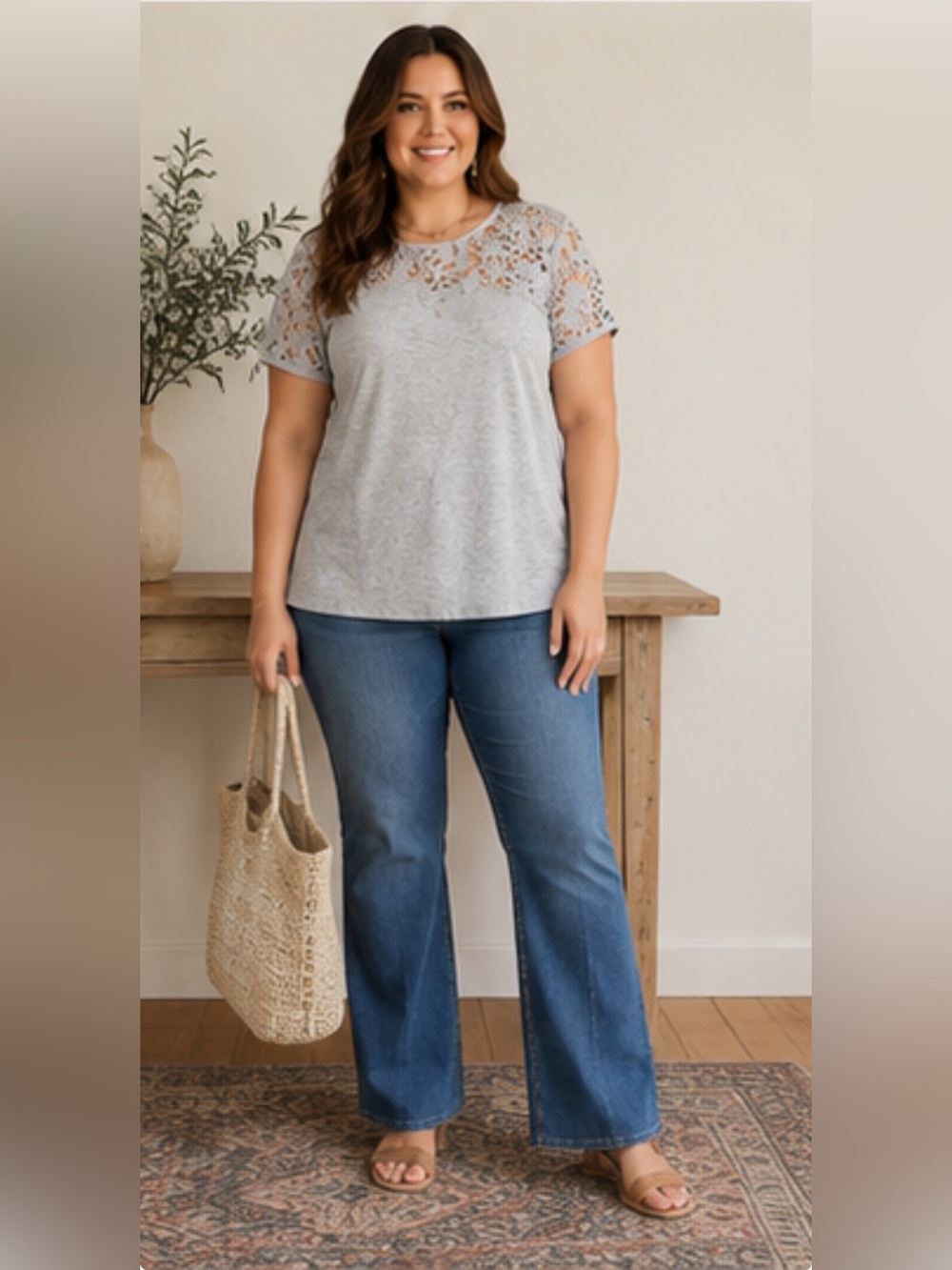 Sundance Heather Gray Floral Crochet Lace Yoke Short Sleeve Boho Top L